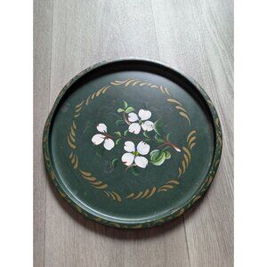 Vintage Green Metal Hand-Painted Floral Tray Floral Toleware Mascho Prod 10.5"